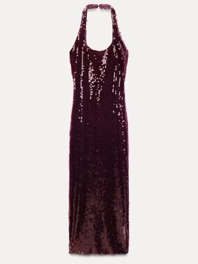 Zara Sequin Halter Midi Dress — Deep Burgundy